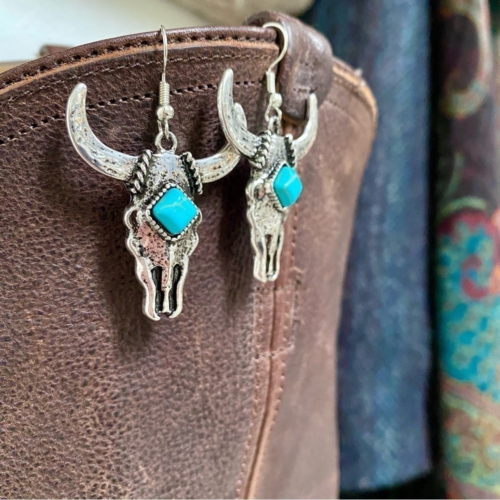 Boho western horn earrings w vintage spell gypsy cowboy/Navajo/Pendleton… - Picture 2 of 15